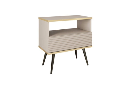 Luxusní béžový noční stolek se zásuvkou elegantní design skříňka se zlatým lemováním skříňka s rýhovaným čelem černé vysoké nohy