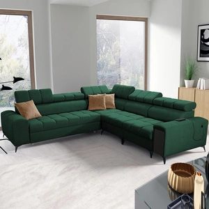 Rohová sedací souprava s funkcí spaní Bolmso III zelená pravostranná rohová sedací souprava se zásuvkou na lůžkoviny s plným výsuvem v boční části nábytku