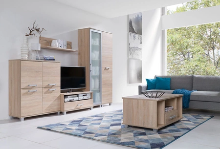 RTV skříňka Maximus 100 cm světlý dub sonoma se zásuvkou moderní design hrany zakončené speciální ABS dýhou zásuvka na válečkových pojezdech