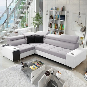 Rohová sedací souprava s funkcí spaní Dafni II šedý jasan / bílá levostranná proplétaná rohová sedací souprava se zásuvkou na lůžkoviny v bočnici