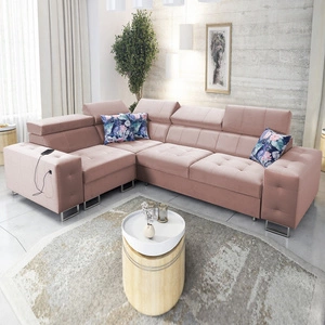 Rohová pohovka s funkcí spaní Hampton II quartz pink levá strana stylové rohové rozkládací pohovky měkká sametová potahová látka