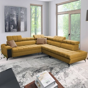 Rohová sedačka s funkcí spaní Bolmso IX hořčice pravá pohodlná stylová rohová sedačka do obývacího pokoje se zásuvkovými kontejnery na lůžkoviny