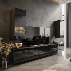 Nástěnná skříňka Pirgos černá / černý lesk Minimalistický design nástěnné skříňky pro obývací pokoj nebo zasedací místnost Systém push to open