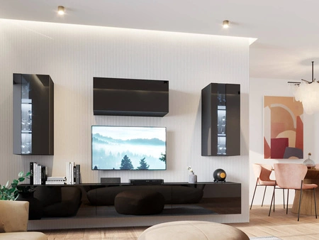 Nástěnná skříňka Tembi černá / černý lesk Moderní designová nástěnná skříňka do obývacího pokoje nebo zasedací místnosti Systém push to open