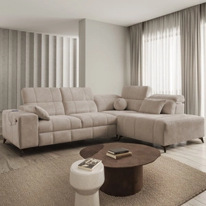 Rohová sedací souprava s funkcí spaní Penejos VII tmavě béžová pravá strana stylová rohová sedací souprava s úložným prostorem na lůžkoviny pohodlné polohovatelné opěrky hlavy