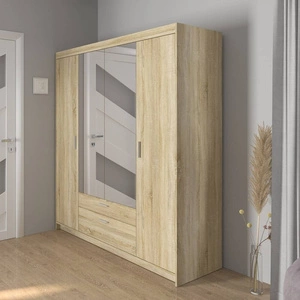 Zrcadlová šatní skříň Rene 176 cm světlý dub sonoma moderní design stylové stříbrné úchytky