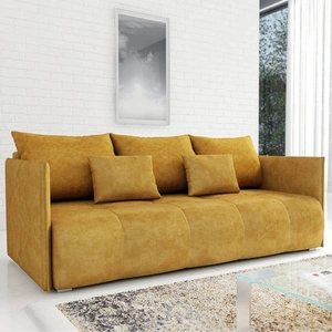 Rozkládací pohovka Selva hořčicová funkční pohovka do obývacího pokoje s kontejnerem na lůžkoviny z příjemné plyšové tkaniny