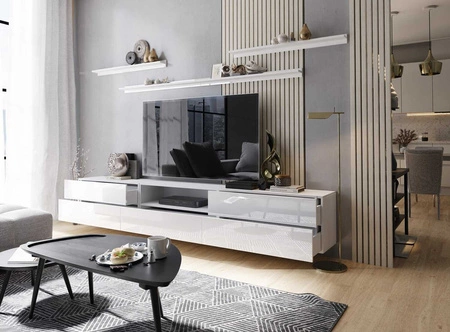 Nástěnná TV skříňka Plomari 258 cm bílá / bílý lesk s policemi minimalistický design v moderním uspořádání prostorné zásuvky