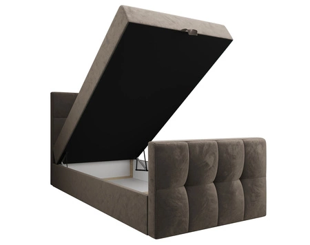 Kontinentální postel Manhattan 100x200 světle hnědá v moderním skandinávském stylu s čalouněným čelem a nohou postele s úložným boxem