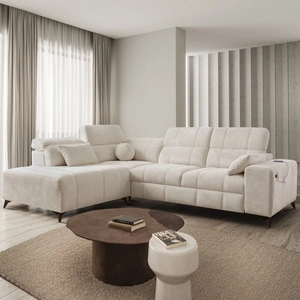 Rohová sedací souprava s funkcí spaní Penejos VII krémová levá stylová rohová sedací souprava s úložným prostorem na lůžkoviny pohodlné nastavitelné opěrky hlavy