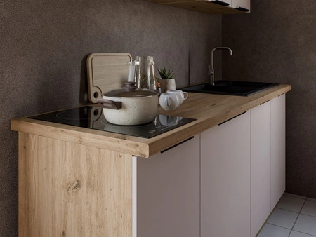 Sada kuchyňského nábytku Soela 180 cm elegantní kuchyňské skříňky v jemných a přírodních barvách úchyty s kovovými hranami