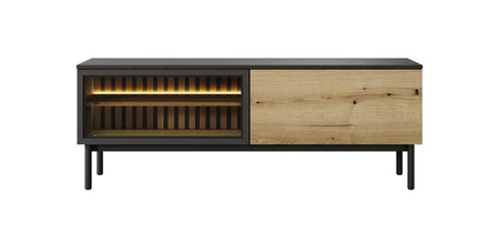 RTV skříň Clovis 150 cm černá / dub evokuje elegantní formu nábytku v moderním stylu bezpečné tvrzené sklo push to open