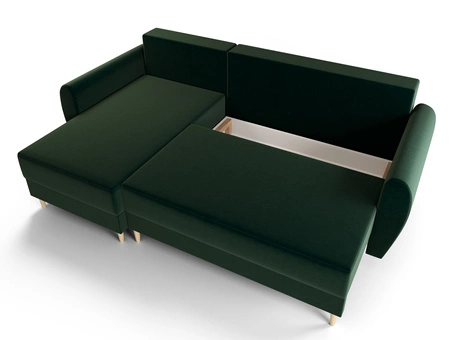 Rohová pohovka s funkcí spaní Rovigo láhev zelená levá elegantní rohová pohovka ve skandinávském designu velký prostor na lůžkoviny