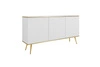 Luxusní komoda 160 cm bílá elegantní design stylová drážkovaná čela korpus komody doplněný zlatým lemováním zlaté kovové nohy
