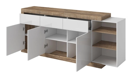 Komoda Sintra 200 cm dub samdal / bílý lesk funkční ideální pro moderní a skandinávské interiéry