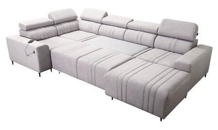 Rohová pohovka s funkcí spaní Castel IV světle hnědá pravostranná stylová rohová pohovka s kontejnery na lůžkoviny a nastavitelnými opěrkami hlavy