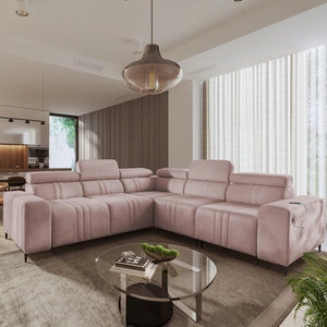 Rohová sedací souprava s funkcí spaní Castel III růžová pravá rohová sedací souprava se dvěma kontejnery na lůžkoviny s nastavitelnými opěrkami hlavy