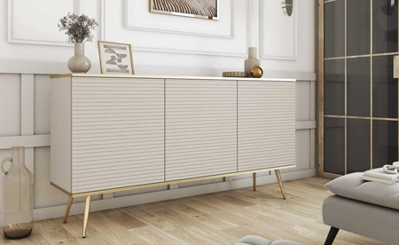 Luxusní komoda 160 cm béžová elegantní design stylová drážkovaná čela korpus komody doplněný zlatým lemováním zlaté kovové nohy