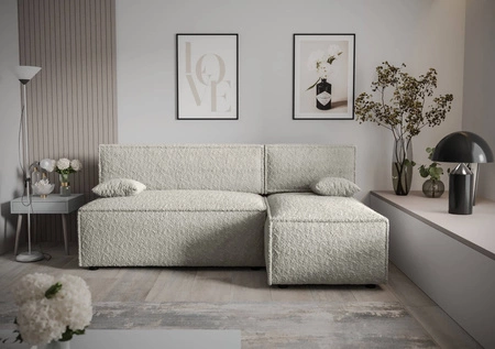 Rohová sedací souprava s funkcí spaní Brandon krémový pravý roh měkká tkanina s charakteristickou smyčkovou povrchovou nádobou na lůžkoviny