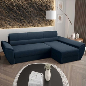 Rohová pohovka s funkcí spaní Fogu III modrá pravostranná stylová rohová pohovka s područkami a úložným prostorem na lůžkoviny manšestrová látka