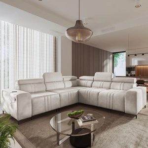 Rohová sedací souprava s funkcí spaní Castel III béžová levá rohová sedací souprava se dvěma kontejnery na lůžkoviny s nastavitelnými opěrkami hlavy