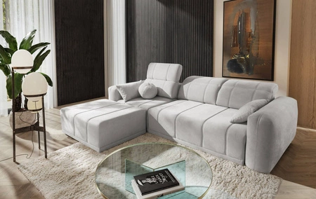 Rohová sedací souprava s funkcí spaní Cetara šedý jasan levá stylový design pohodlné posuvné opěrky zad nastavitelné opěrky hlavy