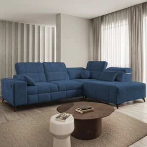 Rohová pohovka s funkcí spaní Penejos VII modrá pravostranná stylová rohová pohovka s úložným prostorem na lůžkoviny pohodlné polohovatelné opěrky hlavy