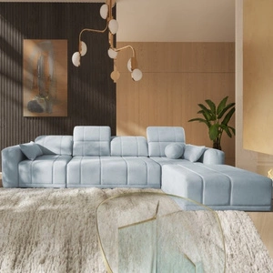 Rohová sedací souprava s funkcí spaní Cetara XII modrá pravá strana stylový design pohodlná posuvná opěradla dvě nádoby na lůžkoviny