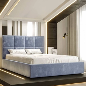 Čalouněná postel Aresa 160x200 s úložným boxem modrá v moderním skandinávském stylu s pohodlným čelem