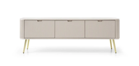 RTV skříňka Zoya 168 cm béžová moderní design korpusu na zlatých kovových nohách rýhované čelo charakteristický oválný tvar