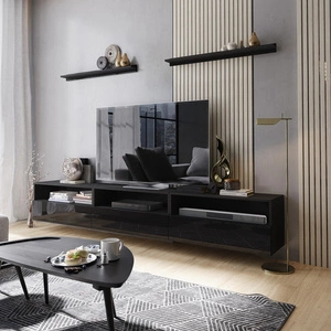 Kaires 258 cm černá / lesklá černá nástěnná RTV skříňka s policemi elegantní a stylový design, který se hodí do každého interiéru