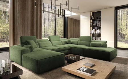 Rohová sedačka s funkcí spaní Viano X zelená levá designová rohová sedačka do obývacího pokoje v moderním stylu s nastavitelnými opěrkami hlavy