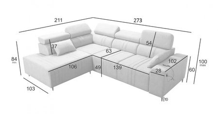 Rohová pohovka s funkcí spaní Castel VII modrá levá stylová rohová pohovka s úložným prostorem na lůžkoviny a nastavitelnými opěrkami hlavy