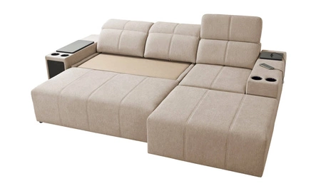 Rohová sedací souprava s funkcí spaní Tesalia med pravý roh moderní design pohodlný posuvný opěrák zásuvka v boku nábytku