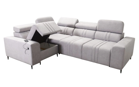 Rohová pohovka s funkcí spaní Castel II béžová levá pohodlná rohová pohovka s nastavitelnými opěrkami hlavy kontejner na lůžkoviny