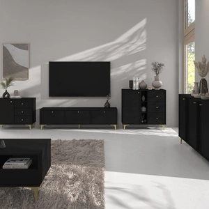 Sestava nábytku do obývacího pokoje Kioto I černá grafitová stylový design elegantní nábytek na kovovém zlatém podstavci jemné úchyty