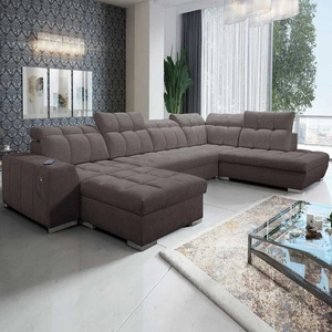 Luigi VI rohová pohovka s funkcí spaní hnědá levostranná stylová rohová pohovka s kontejnery na lůžkoviny potaženými měkkou látkou