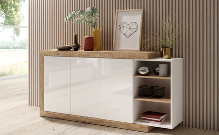 Komoda Sintra 180 cm dub samdal / bílý lesk originální design ideální pro interiéry ve skandinávském stylu systém push to open