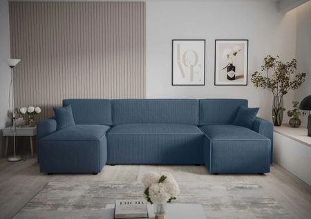 Rohová sedací souprava s funkcí spaní Brandon U Bis modrá nádoba na lůžkoviny trojrozměrná látka s výraznými pruhy měkké područky