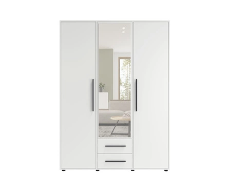 Zrcadlová šatní skříň Maxione 150 cm bílá funkční šatní skříň do ložnice, pokoje pro mladé nebo předsíně obohacená o zásuvky