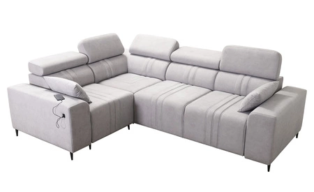 Rohová pohovka s funkcí spaní Castel II grafitová levá pohodlná rohová pohovka s nastavitelnými opěrkami hlavy kontejner na lůžkoviny