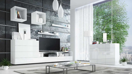 Nábytková sestava Psaru bílá / bílý lesk Moderní designová nástěnná skříňka do obývacího pokoje nebo obývacího pokoje s vysoce lesklými čely