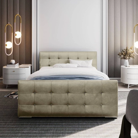 Čalouněná postel Alford 180x200 béžová s kontejnerem v moderním skandinávském stylu s prošívaným podhlavníkem a podnožkou s krystaly