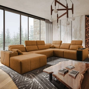 Rohová sedací souprava s funkcí spaní Tesalia VIII medová levá pohodlná rohová sedací souprava do obývacího pokoje s inovativní funkcí posuvného opěradla