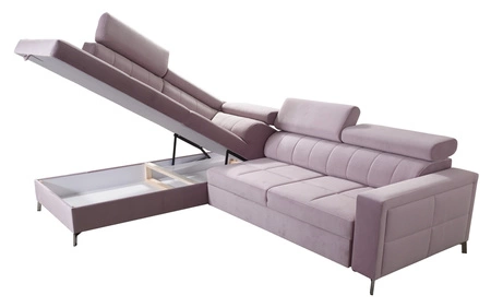 Rohová sedací souprava s funkcí spaní Nausa III světle hnědá levá sametová stylová pohodlná rohová sedací souprava nastavitelné opěrky hlavy nádoba na lůžkoviny