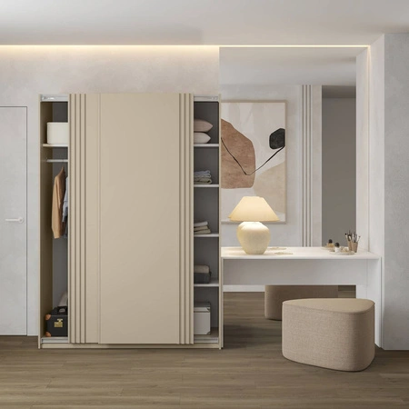 Posuvná šatní skříň Niva 150 cm béžová prostorná šatní skříň zdobená lamelami je ideální pro místnosti jakékoli velikosti