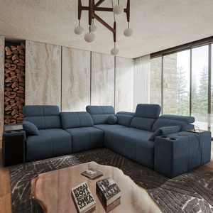 Rohová pohovka s funkcí spaní Tesalia III modrá levá pohodlná rohová pohovka s posuvným opěradlem dvě nádoby na lůžkoviny