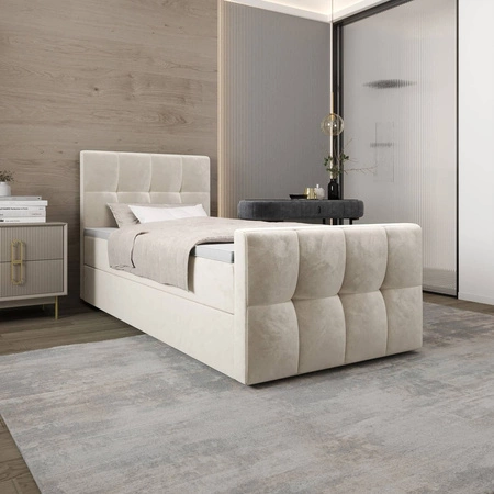 Kontinentální postel Manhattan 120x200 béžová v moderním skandinávském stylu s čalouněným čelem a nohou postele s úložným boxem