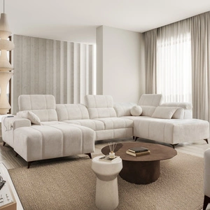 Rohová sedací souprava s funkcí spaní Penejos VI krémová levá stylová rohová sedací souprava se dvěma přihrádkami na lůžkoviny odolná látka