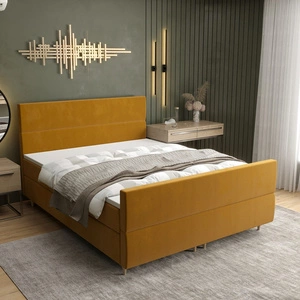Kontinentální postel Benet 140x200 hořčice v moderním skandinávském stylu s výrazným čelem a nohou